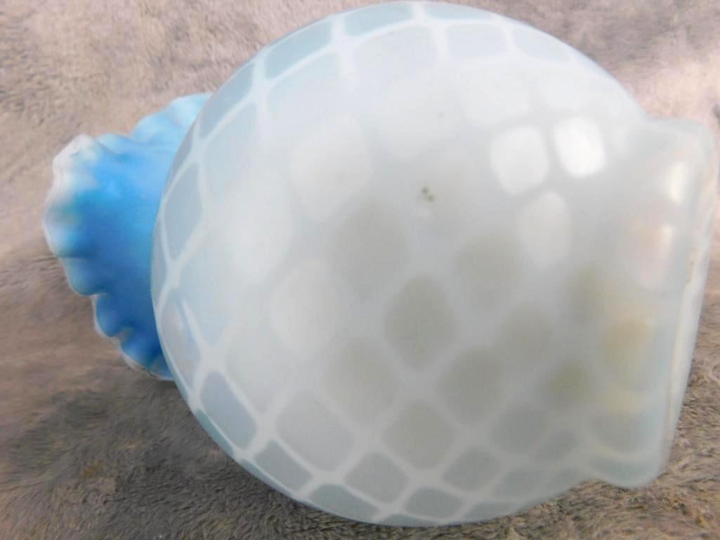 Satin Glass Lattice vase with Ruffled Rim 5" x 3.5" - Blue Glass Oil Lamp Base 5.5" Tall - 5
