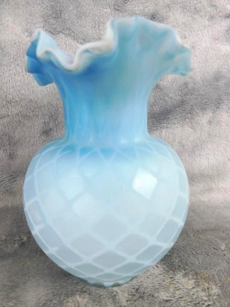 Satin Glass Lattice vase with Ruffled Rim 5" x 3.5" - Blue Glass Oil Lamp Base 5.5" Tall - 6