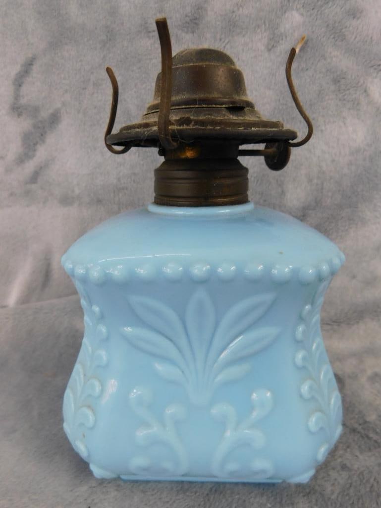 Satin Glass Lattice vase with Ruffled Rim 5" x 3.5" - Blue Glass Oil Lamp Base 5.5" Tall - 7