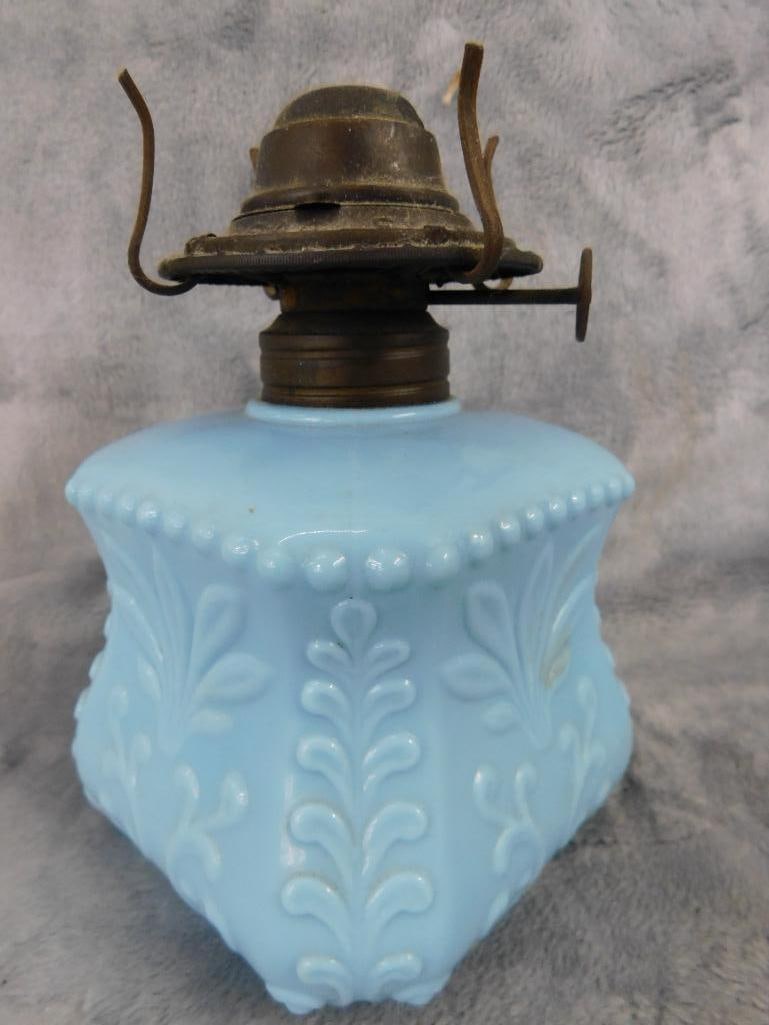 Satin Glass Lattice vase with Ruffled Rim 5" x 3.5" - Blue Glass Oil Lamp Base 5.5" Tall - 8