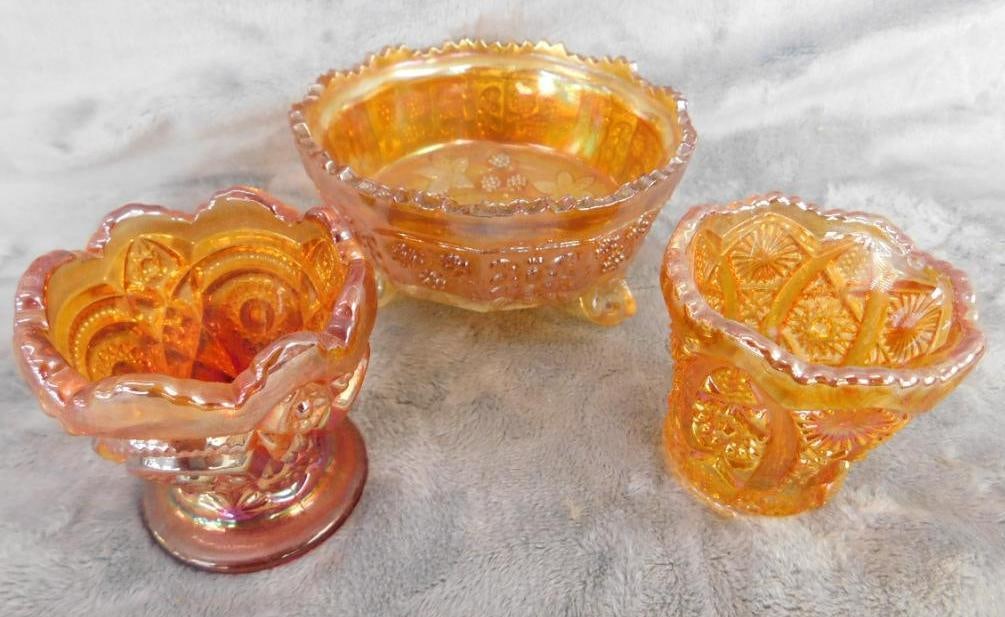 Carnival Glass - 2 Toothpick Holders 2.5" Tall - Footed Bowl 2.5" x 4.75": See Photos For Condition and Details