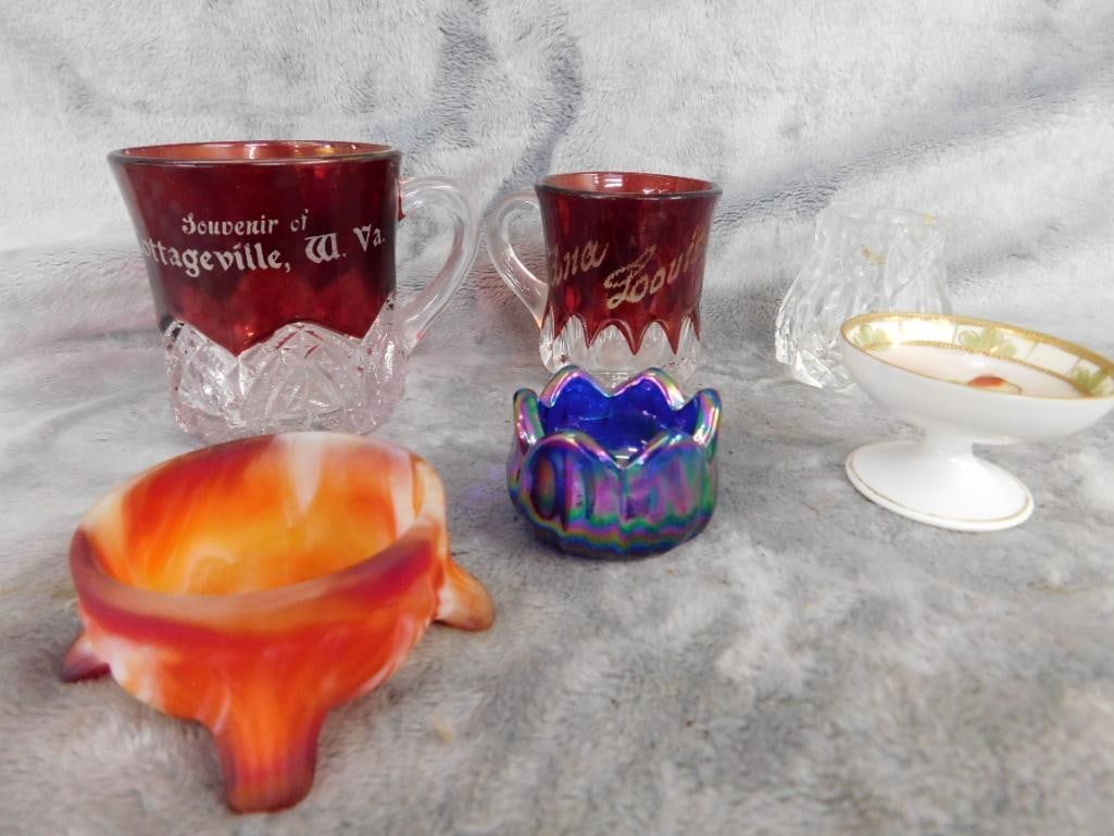 Box Lot with Vintage Salt Cellars - Ruby Flashed Mini mugs - Toothpick Holder - 13