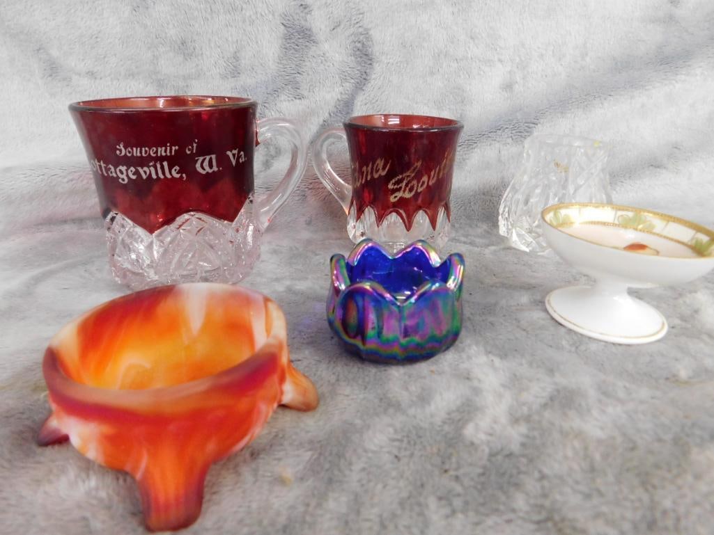 Box Lot with Vintage Salt Cellars - Ruby Flashed Mini mugs - Toothpick Holder - 14