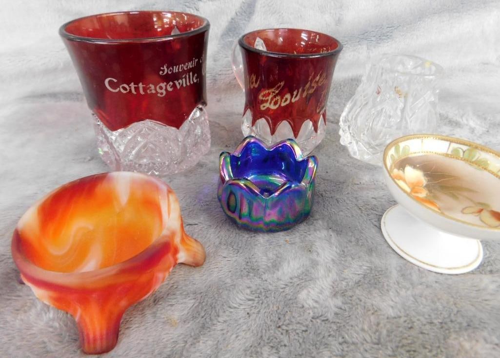 Box Lot with Vintage Salt Cellars - Ruby Flashed Mini mugs - Toothpick Holder (1 of 14)