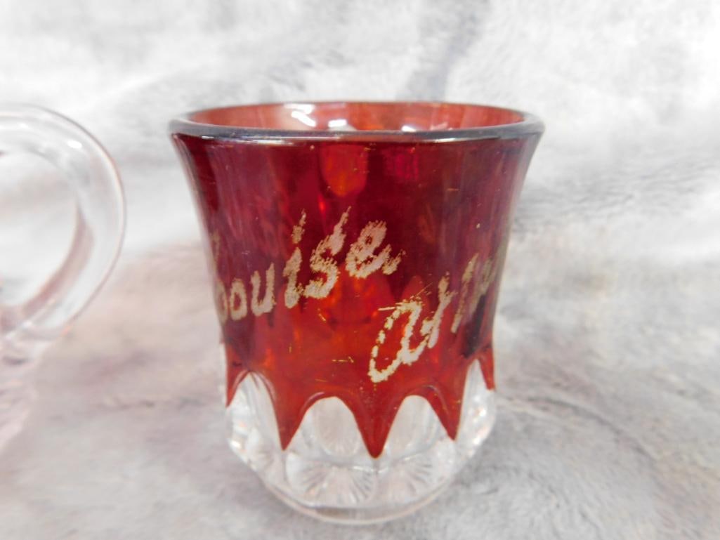Box Lot with Vintage Salt Cellars - Ruby Flashed Mini mugs - Toothpick Holder - 4