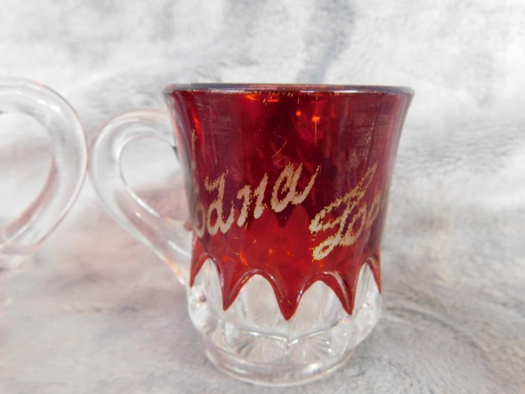 Box Lot with Vintage Salt Cellars - Ruby Flashed Mini mugs - Toothpick Holder - 5