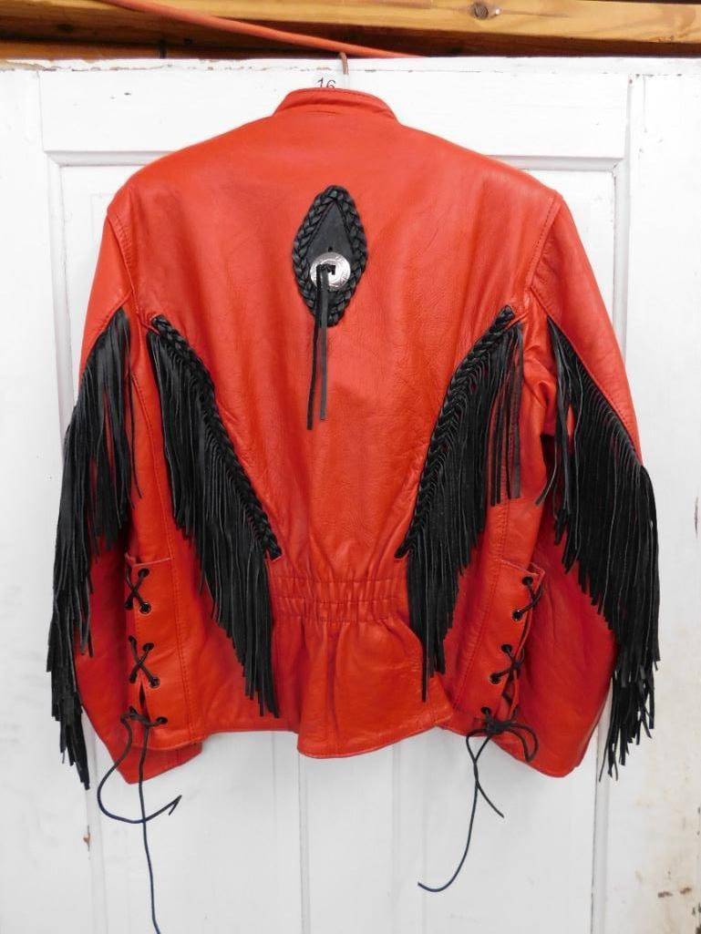 Red Leather Jacket with Black Fringe - Sorry Can't Find Maker or Size - Good Shape - 12