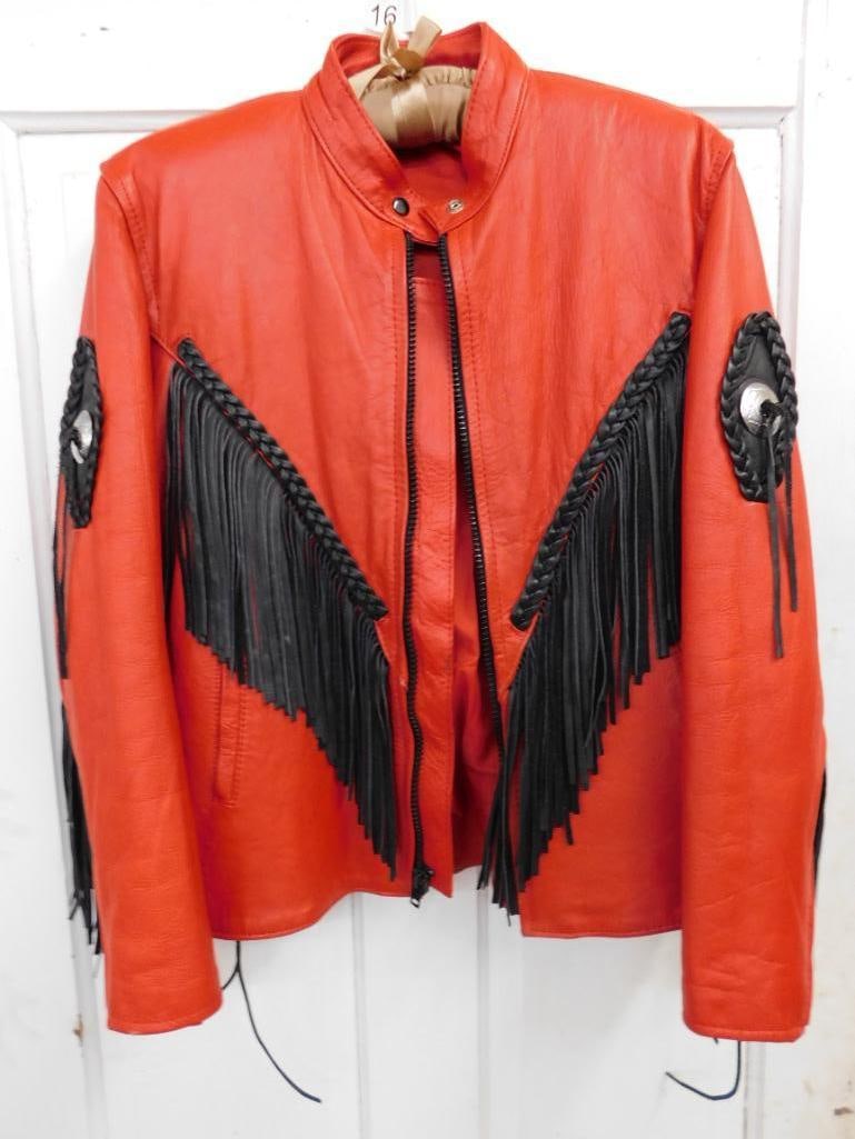 Red Leather Jacket with Black Fringe - Sorry Can't Find Maker or Size - Good Shape - 14