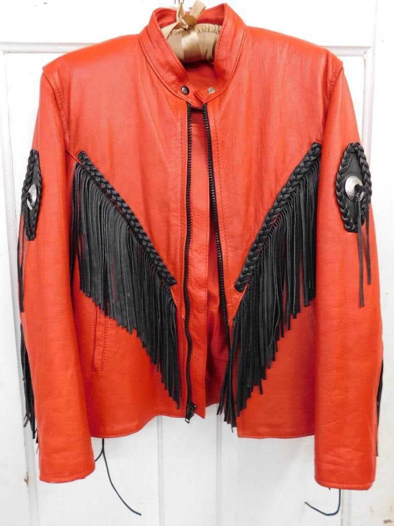 Red Leather Jacket with Black Fringe - Sorry Can't Find Maker or Size - Good Shape - 15