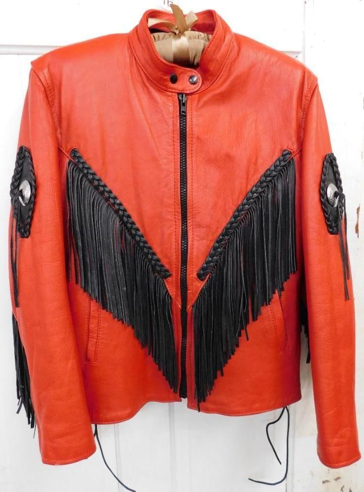 Red Leather Jacket with Black Fringe - Sorry Can't Find Maker or Size - Good Shape: See Photos For Condition and Details