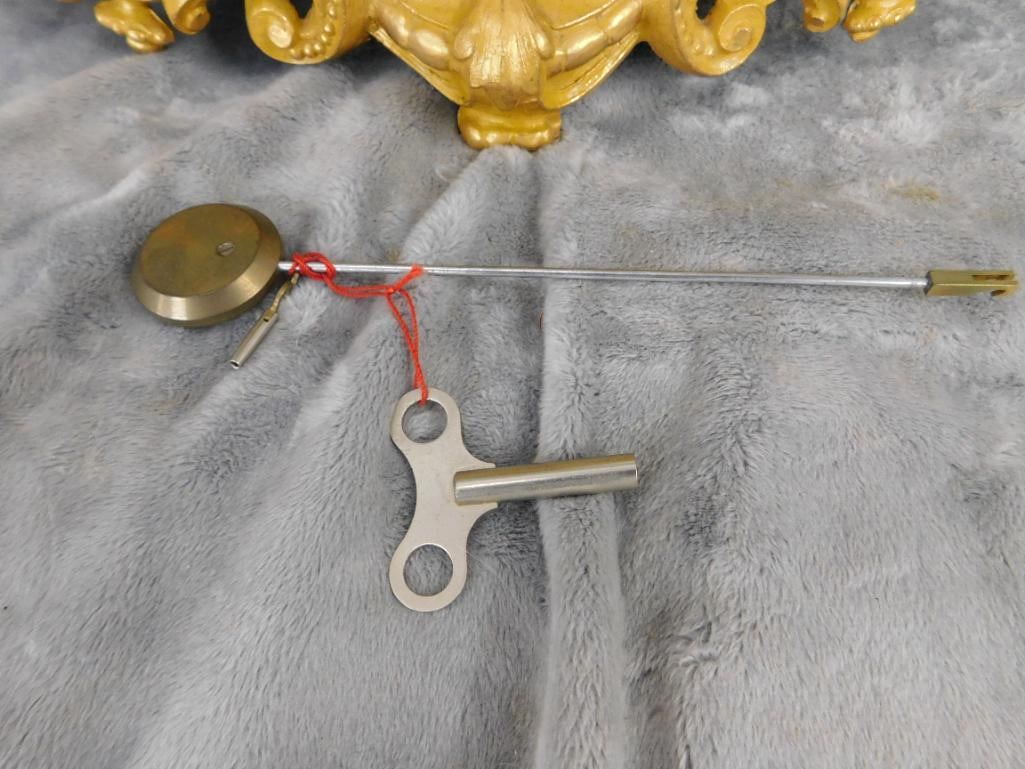 Vintage White Metal Mantle Clock with Key and Pendulum - 13.5" x 15" x 4" - 13