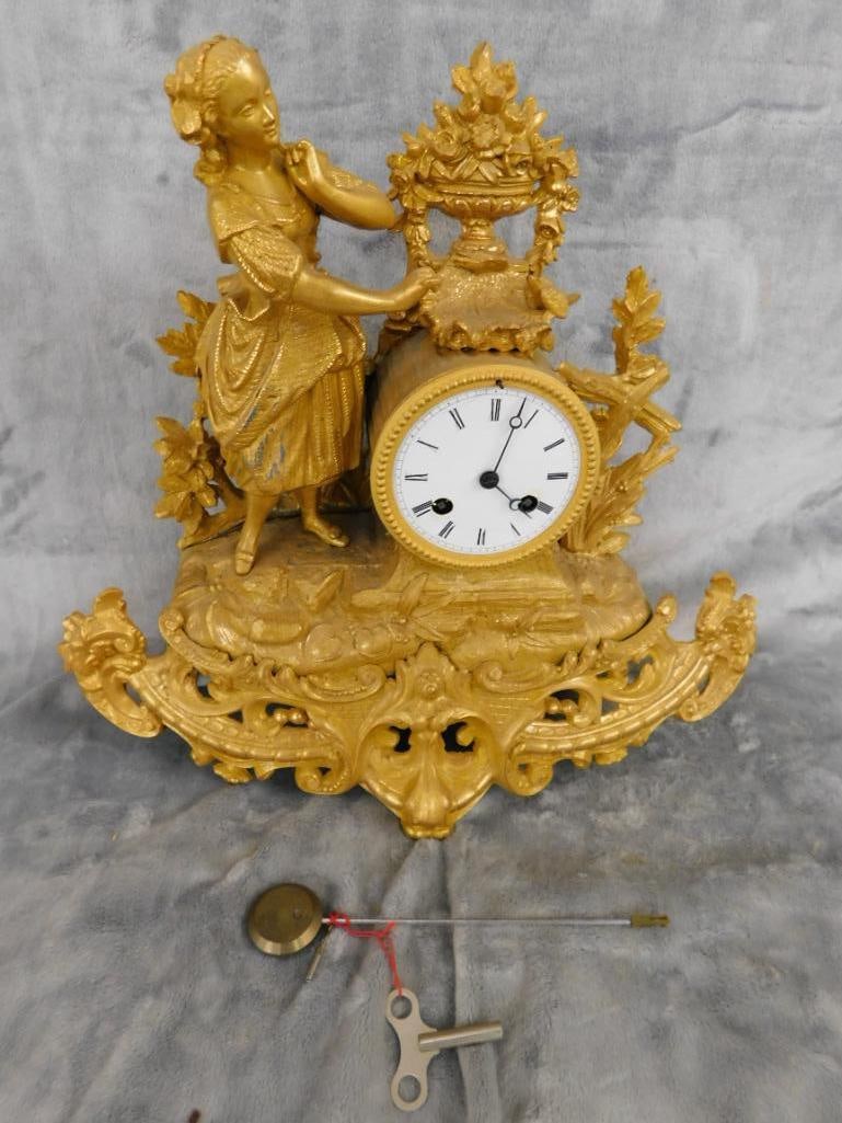 Vintage White Metal Mantle Clock with Key and Pendulum - 13.5" x 15" x 4" - 14