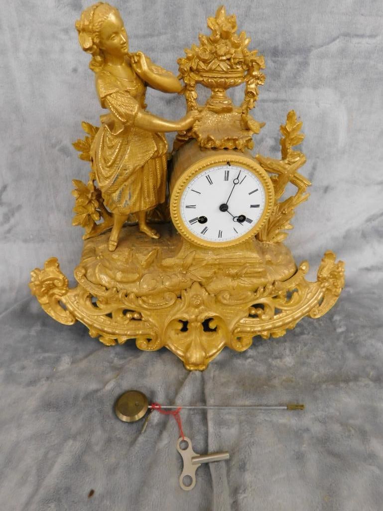 Vintage White Metal Mantle Clock with Key and Pendulum - 13.5" x 15" x 4" - 15