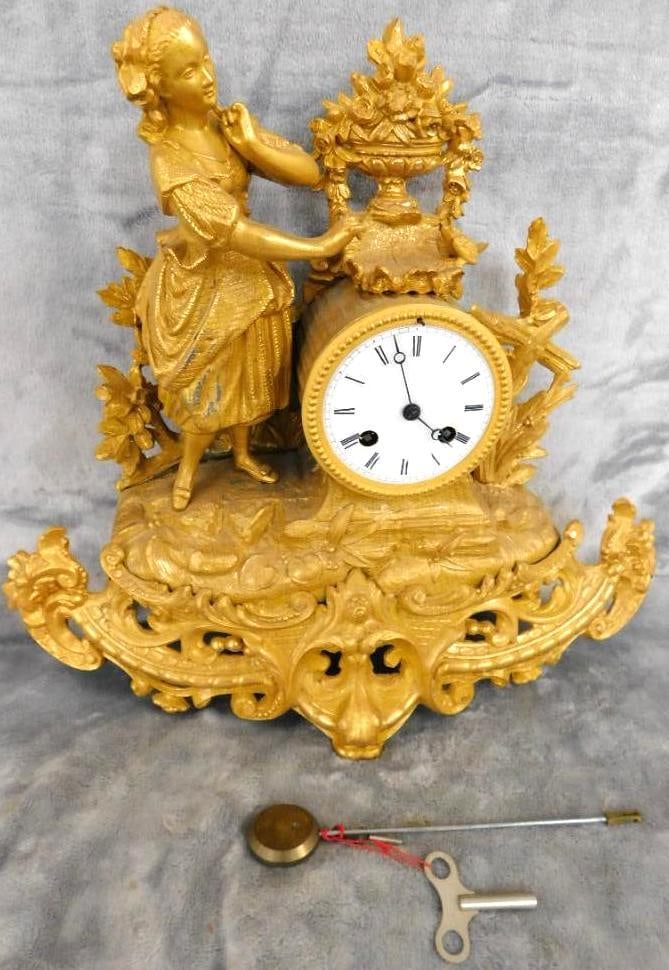 Vintage White Metal Mantle Clock with Key and Pendulum - 13.5" x 15" x 4": Missing Glass Lens - See Photos For Condition and Details
