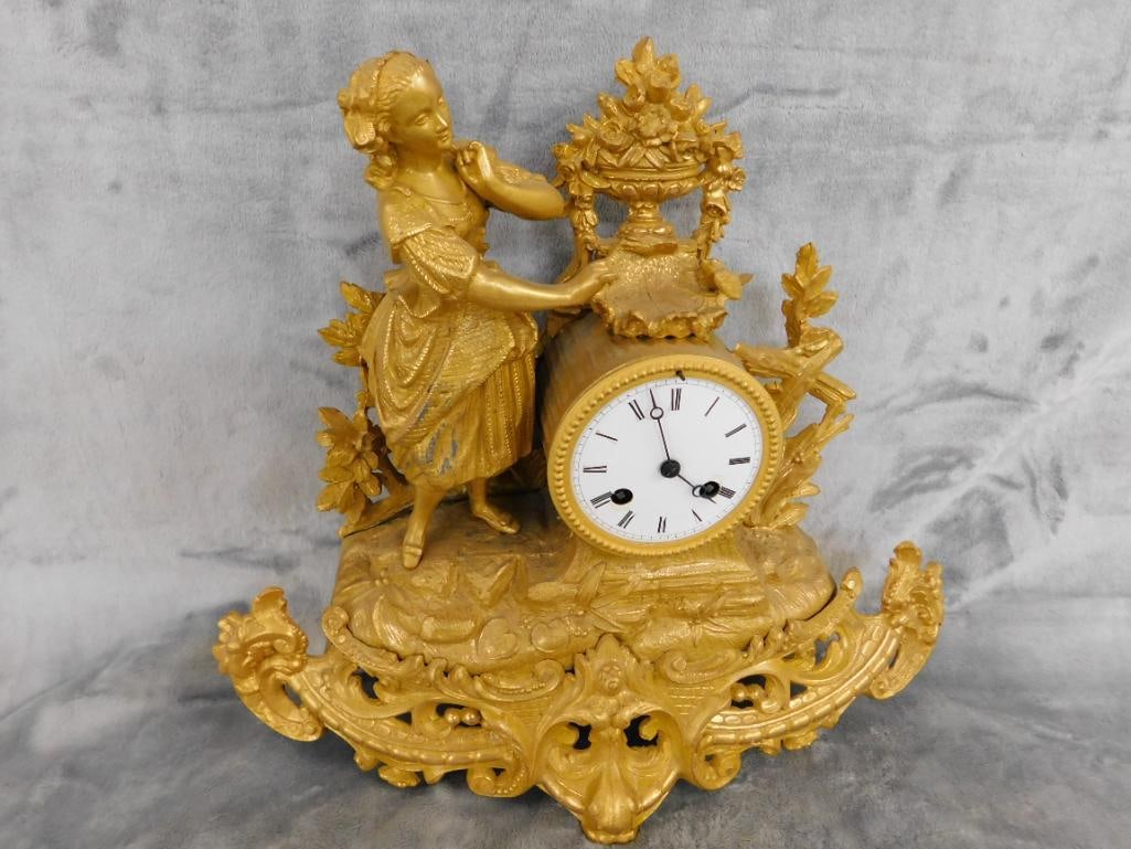 Vintage White Metal Mantle Clock with Key and Pendulum - 13.5" x 15" x 4" - 2