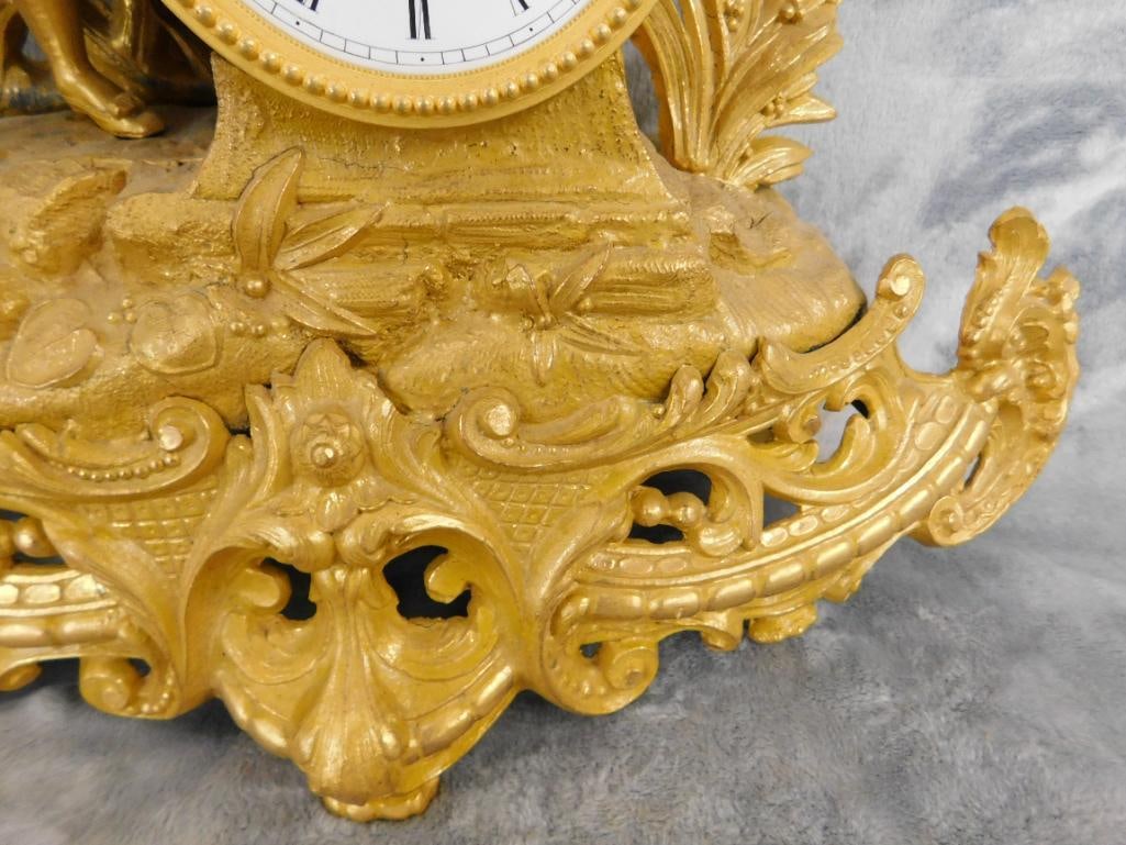 Vintage White Metal Mantle Clock with Key and Pendulum - 13.5" x 15" x 4" - 8