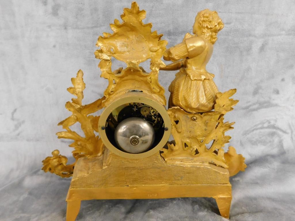 Vintage White Metal Mantle Clock with Key and Pendulum - 13.5" x 15" x 4" - 9
