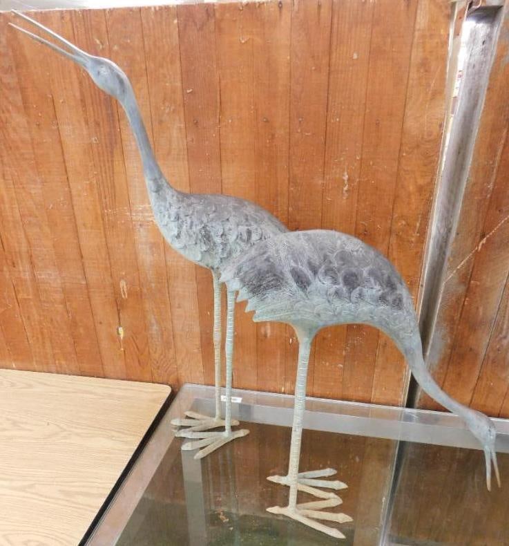Pair of Patinated Heavy Metal Egrets / Herons / Storks - 37" and 27.5" Tall: See Photos For Condition and Details