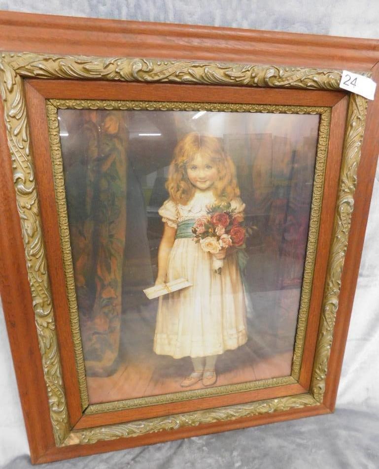 Vintage Print - Little Girl With Flowers - Ornate Frame - 28.5" x 24": See Photos For Condition and Details