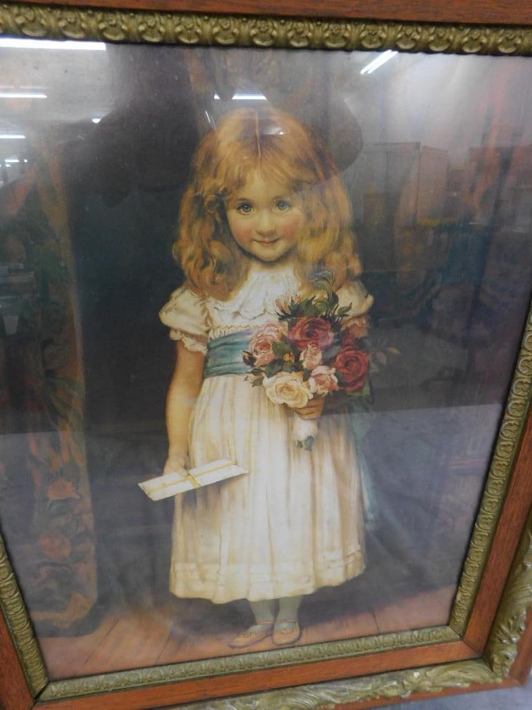 Vintage Print - Little Girl With Flowers - Ornate Frame - 28.5" x 24" - 2