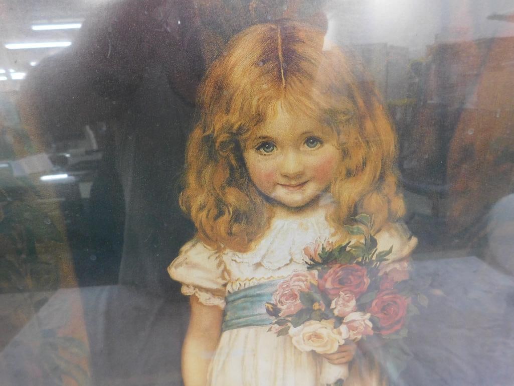 Vintage Print - Little Girl With Flowers - Ornate Frame - 28.5" x 24" - 3