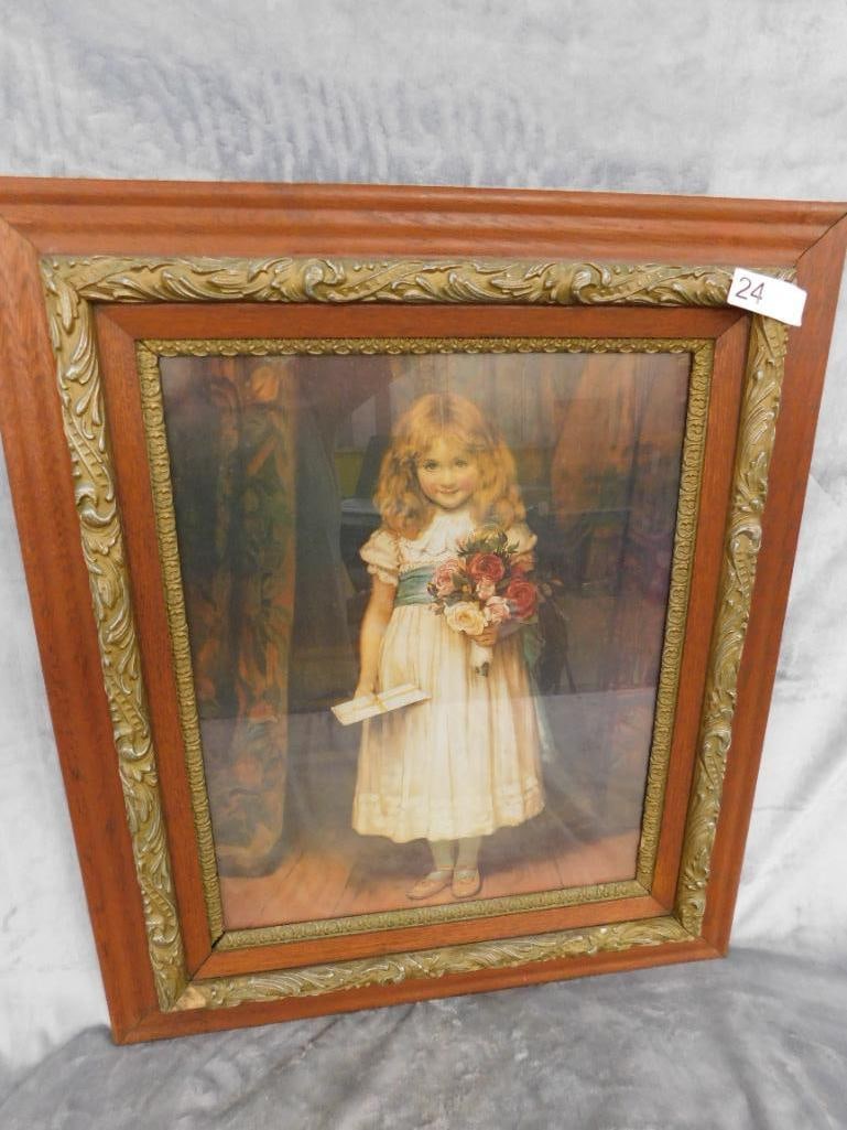 Vintage Print - Little Girl With Flowers - Ornate Frame - 28.5" x 24" - 8