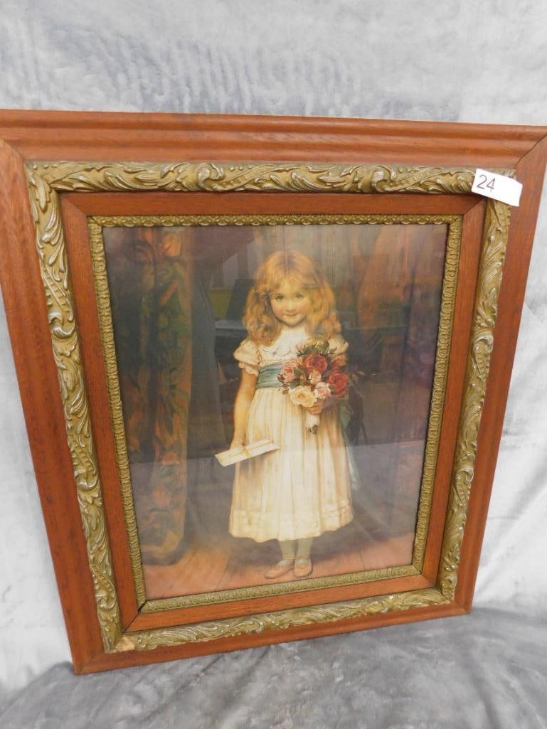 Vintage Print - Little Girl With Flowers - Ornate Frame - 28.5" x 24" - 9