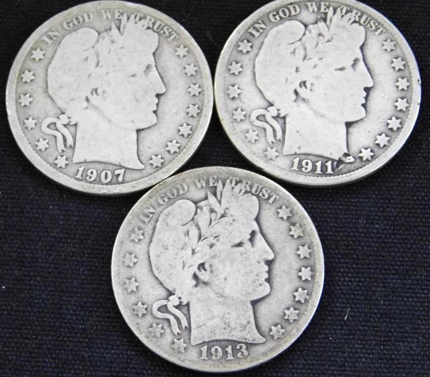 3 Barber Silver Half Dollars 1907-1911-1913: See Photos For Condition and Details