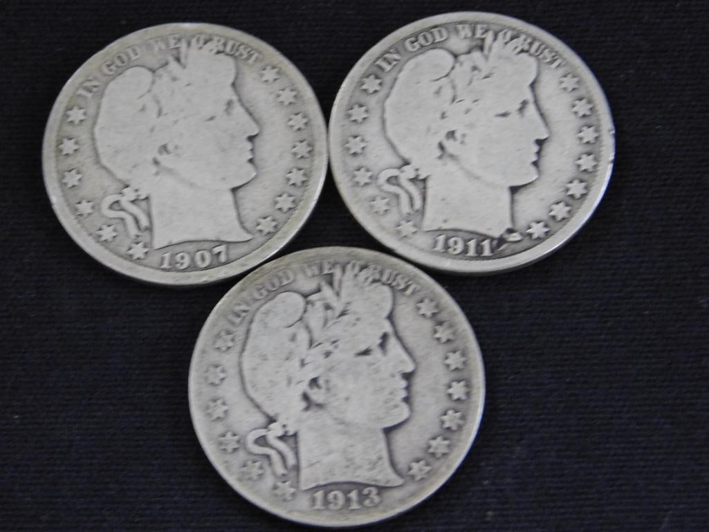 3 Barber Silver Half Dollars 1907-1911-1913 - 9