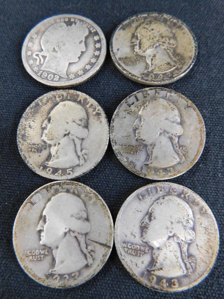 1902 Barber Silver Quarter - 1937-1942-1943-1943-1945 Silver Washington Quarters - 17