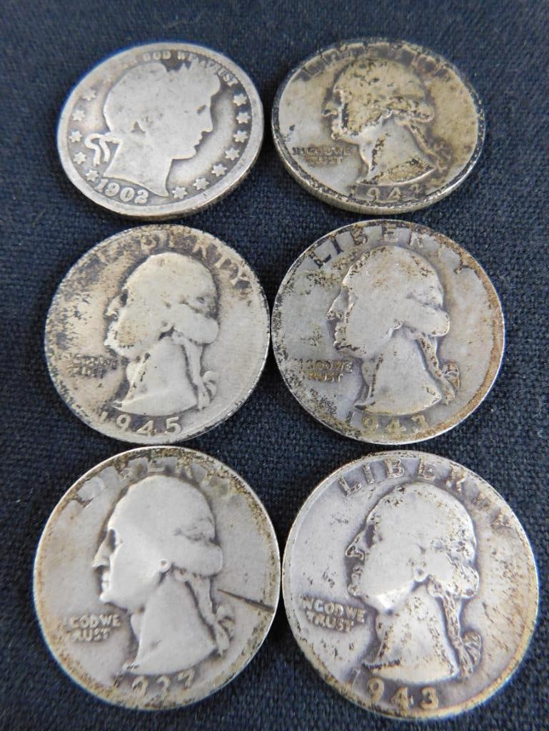 1902 Barber Silver Quarter - 1937-1942-1943-1943-1945 Silver Washington Quarters - 18