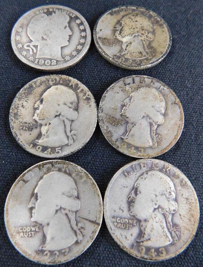 1902 Barber Silver Quarter - 1937-1942-1943-1943-1945 Silver Washington Quarters: See Photos For Condition and Details