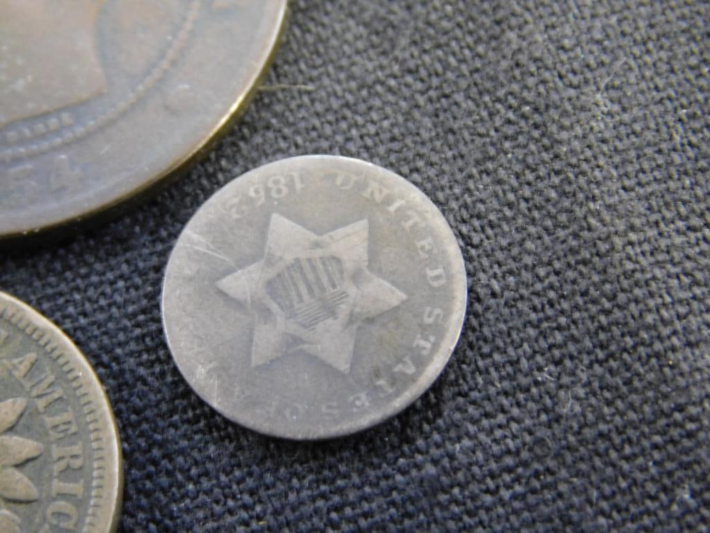 1850 Large Penny - 1854 French "Dix Centimes" - 1846 Large Penny - 1862 Indian Head Penny - 10