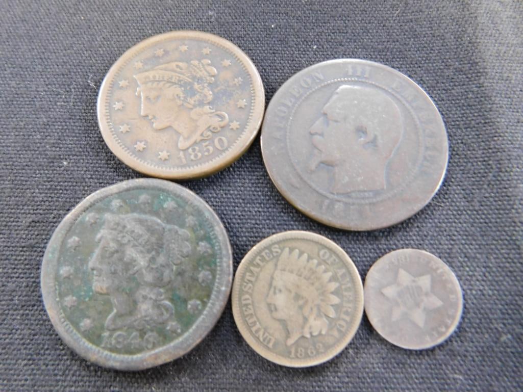 1850 Large Penny - 1854 French "Dix Centimes" - 1846 Large Penny - 1862 Indian Head Penny - 14