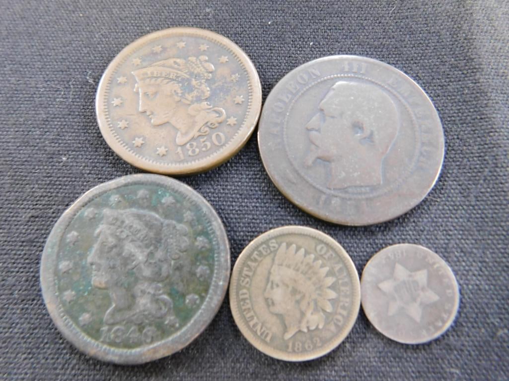 1850 Large Penny - 1854 French "Dix Centimes" - 1846 Large Penny - 1862 Indian Head Penny - 15