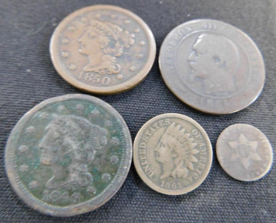 1850 Large Penny - 1854 French "Dix Centimes" - 1846 Large Penny - 1862 Indian Head Penny: 1862 3 Cent Silver Star Coin - See Photos For Condition and Details