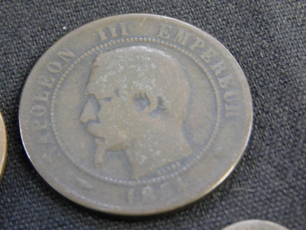 1850 Large Penny - 1854 French "Dix Centimes" - 1846 Large Penny - 1862 Indian Head Penny - 4
