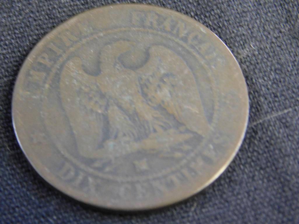 1850 Large Penny - 1854 French "Dix Centimes" - 1846 Large Penny - 1862 Indian Head Penny - 5