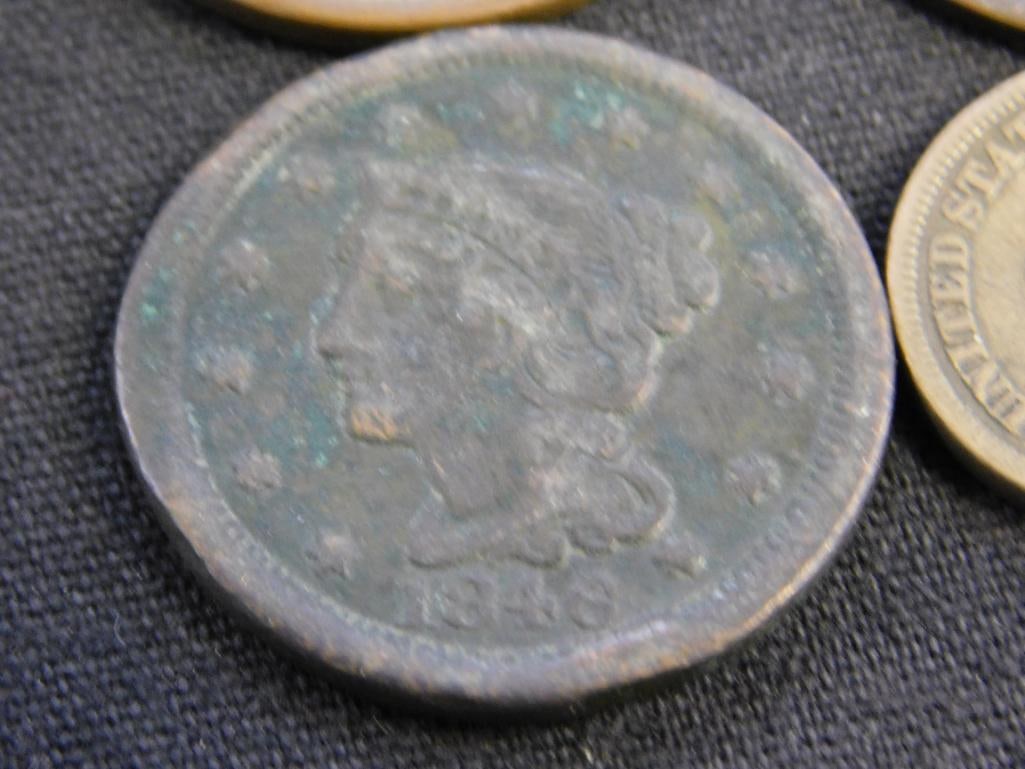 1850 Large Penny - 1854 French "Dix Centimes" - 1846 Large Penny - 1862 Indian Head Penny - 6