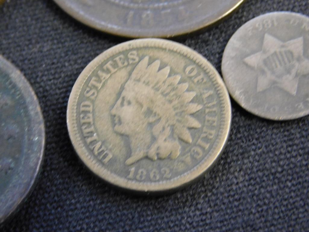 1850 Large Penny - 1854 French "Dix Centimes" - 1846 Large Penny - 1862 Indian Head Penny - 8