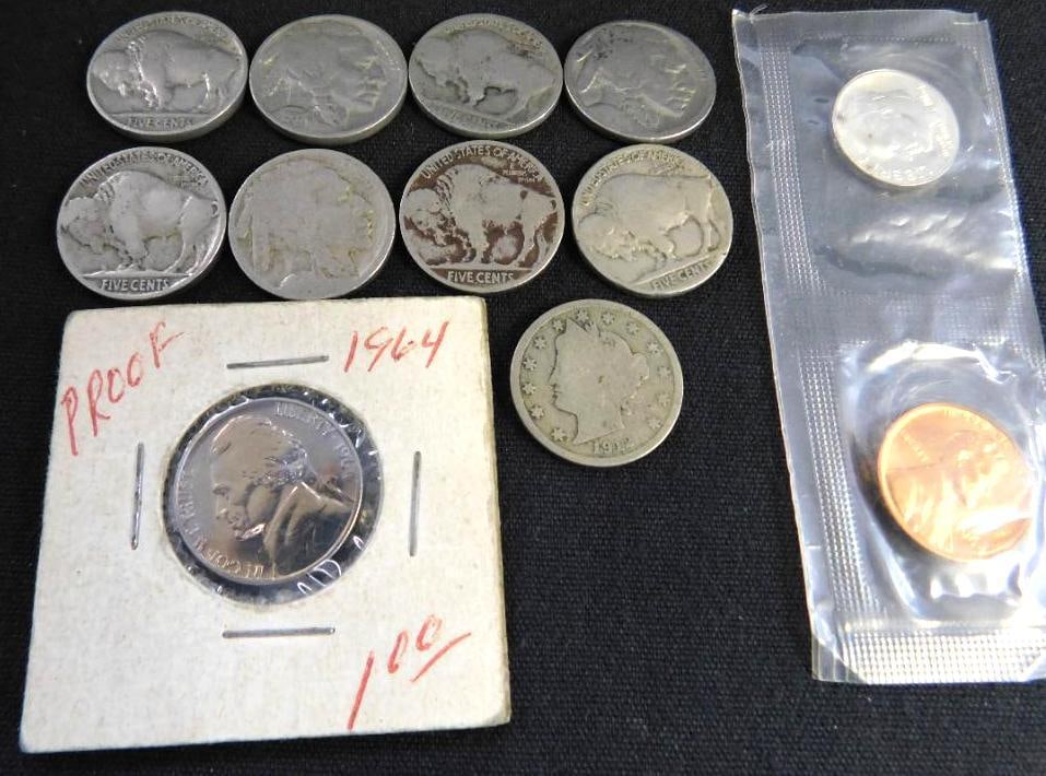 8 Buffalo / Indian Head Nickels - 1 "V" Nickel - 1964 Proof Nickel - 1964 Dime and Penny: See Photos For Condition and Details