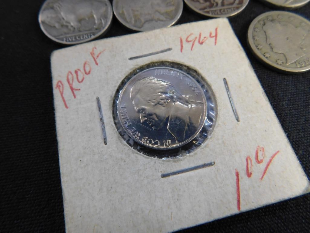 8 Buffalo / Indian Head Nickels - 1 "V" Nickel - 1964 Proof Nickel - 1964 Dime and Penny - 4