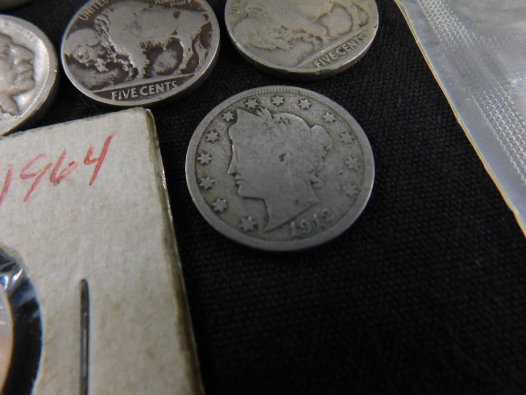 8 Buffalo / Indian Head Nickels - 1 "V" Nickel - 1964 Proof Nickel - 1964 Dime and Penny - 5