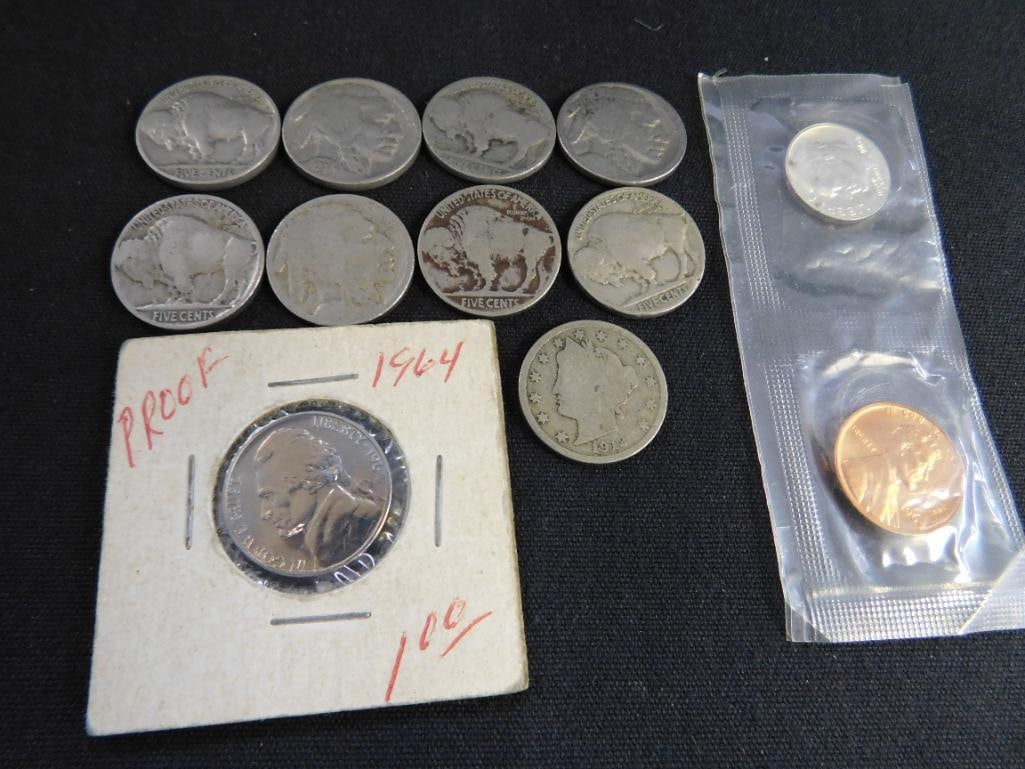 8 Buffalo / Indian Head Nickels - 1 "V" Nickel - 1964 Proof Nickel - 1964 Dime and Penny - 8