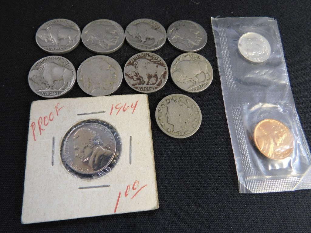 8 Buffalo / Indian Head Nickels - 1 "V" Nickel - 1964 Proof Nickel - 1964 Dime and Penny - 9