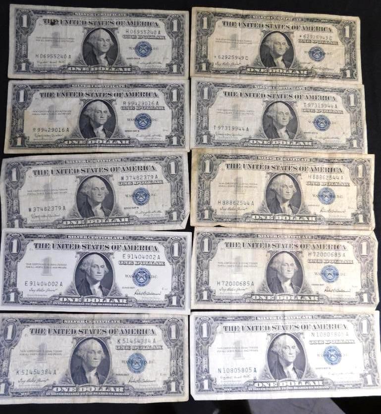10 US 1$ Silver Certificates - 1957 (1 of 19)