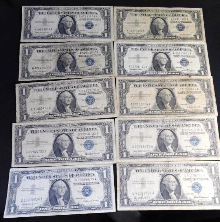 10 US 1$ Silver Certificates - 1957: See Photos For Condition and Details