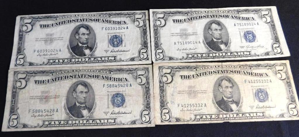 4 US 5$ Silver Certificates - 1953: See Photos For Condition and Details