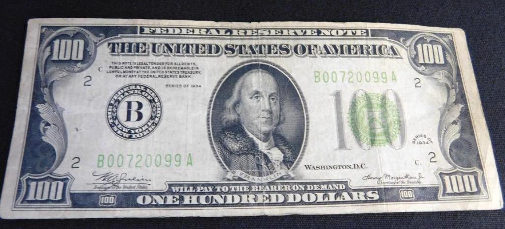 1934 100$ US Bank Note: See Photos For Condition and Details