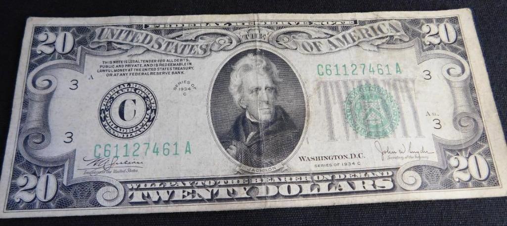 1934 20$ US Bank Note: See Photos For Condition and Details